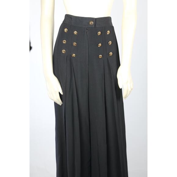 Vintage Black High Elastic Waist Wide Leg Dress Pants Gold Button Trousers Sz 4 - Picture 4 of 16